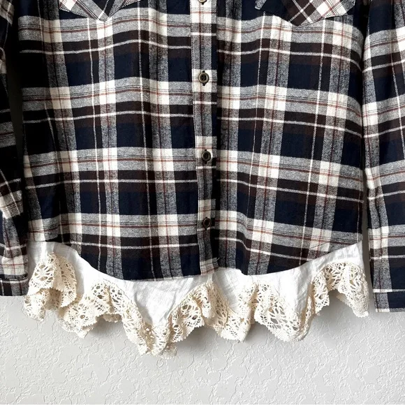 JODIFL Plaid Flannel & Lace Shirt Top Button Western Navy Cream Brown S … - Picture 3 of 8